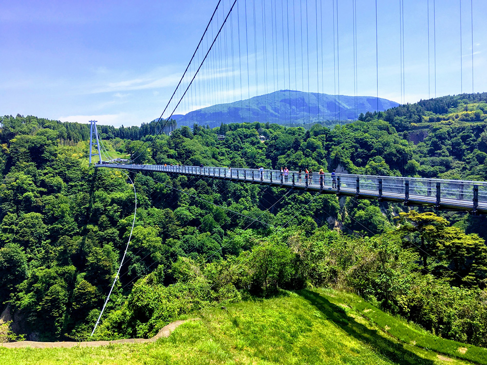 長さ390m、高さ173mの九重“夢”大吊橋は、歩道専用の吊橋としては日本一の規模！橋上からは日本の滝百選に選ばれた「震動の滝」や九州の屋根「九重連山」を見ることができ、秋の紅葉シーズンは色鮮やかな紅葉とのコントラストがとても美しいスポットです。 路線バスと地域コミュニティバスを乗り継いで行くことができますが、時間を有効に使いたい方はレンタカーをご利用ください。大分自動車道九重ICまたは湯布院ICから約35分の距離なので、他の観光スポットとあわせて巡るのもおすすめです。
